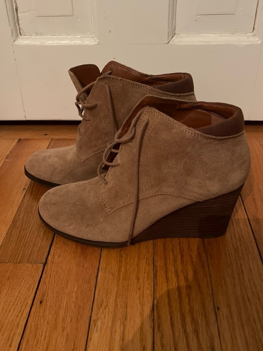 Lucky Brand Taupe Suede Lace-Up Wedge Booties